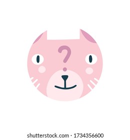 Highlights Stories cover: FAQ, question. Cute funny cat face. Cartoon animal muzzle isolated on white background. Flat vector illustration, hand drawn style. Editable icon. 