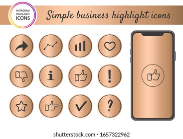 Highlights Stories Icons. Set of simple business icons on gold gradient for web stories or blogging.