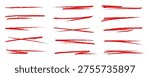 Highlights and underlines of red crayon or pencil hand drawn doodle lines, vector icons. Highlights and underlines of color brush pen or red crayon, wax chalk and red highlighter marker doodle drawing