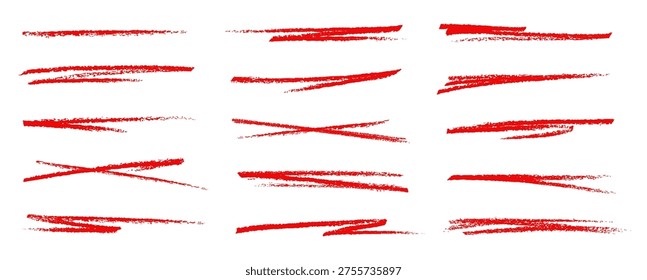Highlights and underlines of red crayon or pencil hand drawn doodle lines, vector icons. Highlights and underlines of color brush pen or red crayon, wax chalk and red highlighter marker doodle drawing