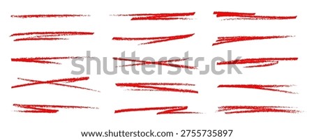 Highlights and underlines of red crayon or pencil hand drawn doodle lines, vector icons. Highlights and underlines of color brush pen or red crayon, wax chalk and red highlighter marker doodle drawing