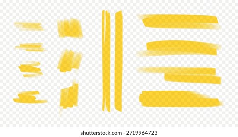 Destacados y subrayados del marcador amarillo. Conjunto de líneas dibujadas a mano y marcas aisladas sobre fondo transparente
