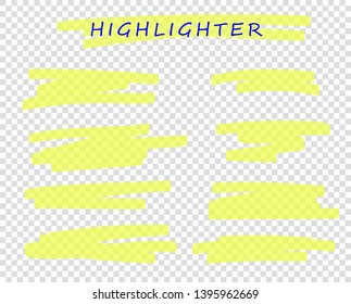 Highlights, underscores. Painted yellow marker strokes, painted frames. Vector design elements on isolated background.
