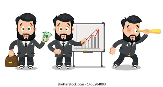 Highlights of working day of bearded businessman. Confident man in formal suit holding briefcase and banknotes, showing with pointer to diagram on flipchart, looking through spyglass. Vector set.