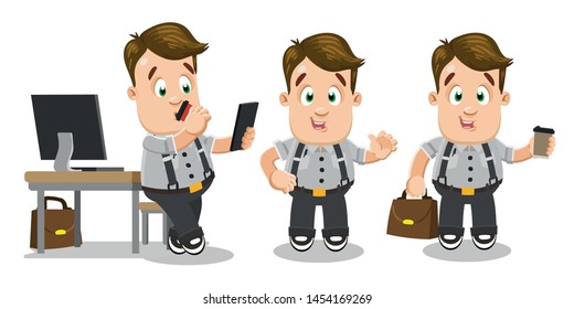 Highlights of working day of friendly employee, manager. Dark blond businessman drinking coffee and looking at smartphone at workplace, waving hand, standing with briefcase. Cartoon vector set.