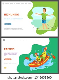 Highlining balancing man vector, male walking on thin line walker with stretched hands. Rafting team in boat, boating and kayaking male and female. Website or webpage template, landing page flat style