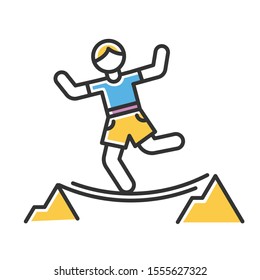 Highlining color icon. Slacklining. Walking and balancing on tightrope. Slackliner in mountains. Extreme sport stunt. Walker on rope. Isolated vector illustration