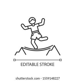 Highlining linear icon. Slacklining. Walking and balancing on tightrope. Slackliner in mountains. Extreme sport stunt. Walker on rope. Contour symbol. Vector isolated outline drawing. Editable stroke