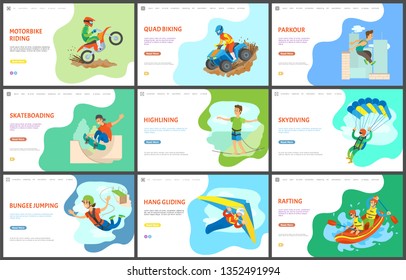 Highlining and motorbike biking, quad bike vector, active lifestyle. Parkour and skateboarding, skydiving and rafting in boat, team in water sports. Website or webpage template, landing page flat