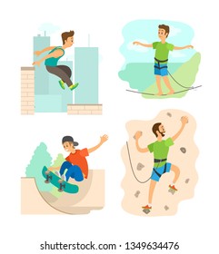 Highlining and parkour in city vector, wall climbing man training in gym with safety belt. Skateboarder young person with skateboard practicing set