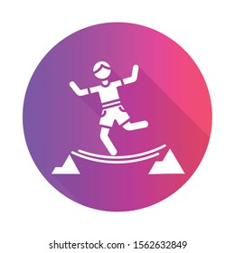 Highlining purple flat design long shadow glyph icon. Slacklining. Walking and balancing on tightrope. Slackliner in mountains. Extreme sport stunt. Walker on rope. Vector silhouette illustration