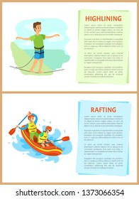 Highlining and rafting vector, hobby of people leading active lifestyle man and woman in team sitting in boat, splashes of water. Extreme sports activity