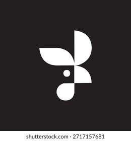 A highly creative, minimalist logo representing a rooster, constructed entirely from geometric shapes. The design uses white semi-circles, leaf-like shapes, and a small circular "eye" to form the bird's profile against a dark charcoal background.