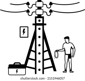 highly dangerous work vector icon design, Electrician Profession symbol, Power Supply and wiring Sign, handyman and Repairman, Technician fixing or repairing broken power line on electric pole Concept