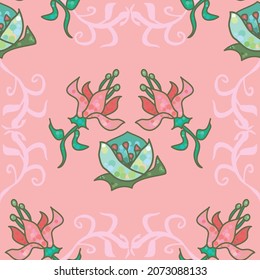 Sehr schön dekoratives, florales Wiederholmuster in Rosa und Grün mit schlichten Details