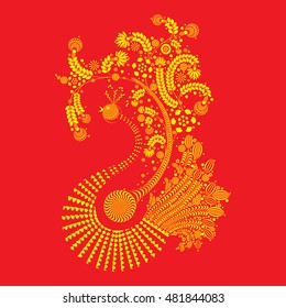 Highly decorative rooster made of floral elements on red. Chinese traditional 2017 new year decorative zodiac. Symbol of Chinese new year zodiac design. Fiery bird rooster made of flowers patterned.