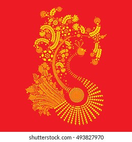 Highly decorative rooster made of floral elements on red. Chinese traditional 2017 new year decorative zodiac. Symbol of Chinese new year zodiac design. Fiery bird rooster made of flowers patterned.