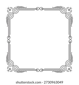 Um quadro quadrado altamente decorativo com intrincado trabalho de rolagem, elementos de nó e linhas finas. Este design vintage adiciona um toque de opulência aos convites e certificados.