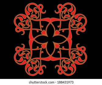 Highly decorative symmetrical ornament with gold outline. Vector illustration. Element for design. 