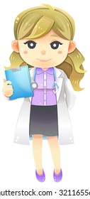 Highly detail illustration cartoon female physician doctor in white coat uniform with stethoscope and patient information board, create by vector
