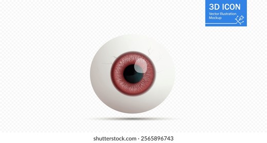 A highly detailed 3D icon represents a realistic eyeball with an intricately rendered iris and a distinct pupil against a clean white background, suitable for design mockups.