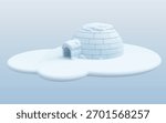 Highly detailed 3D render vector of a realistic ice igloo resting on a smooth snow platform. The scene is illuminated by soft, natural light and features subtle reflections on the icy surface.