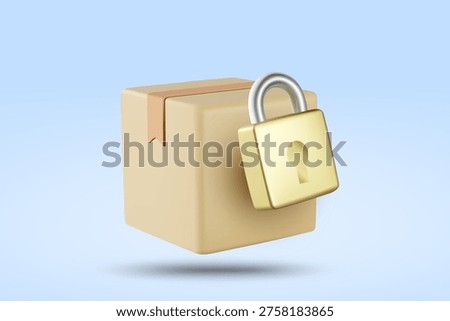 A highly detailed 3D render and vector illustration of a single closed cardboard shipping box with a secure gold and silver padlock positioned at the front to signify package security