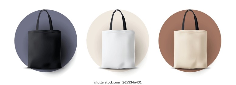 Highly detailed 3D vector showcasing three reusable cotton tote bags in matte black, crisp white and warm beige tones, each with sturdy black handles, set against soft neutral circular backdrops