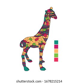 Highly detailed abstract giraffe  illustration. Animal patterns with hand-drawn doodle waves and lines. Vector illustration in bright colors