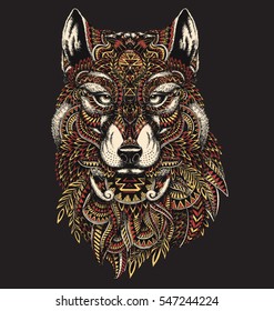 Highly detailed abstract wolf illustration in color