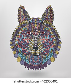 Highly detailed abstract wolf portrait illustration. Animal patterns with hand-drawn doodle waves and lines. Vector illustration in bright colors.