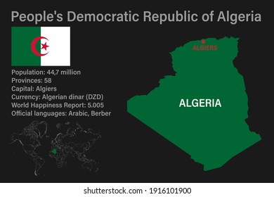 Mapa muy detallado de Argelia con bandera, capital y pequeño mapa del mundo