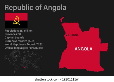 Highly detailed Angola map with flag, capital and small map of the world