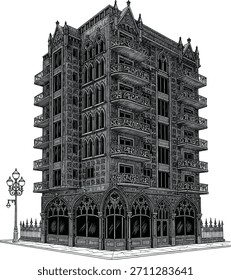 Dibujo arquitectónico altamente detallado: Edificio de esquina de estilo neogótico con balcones ornamentados
