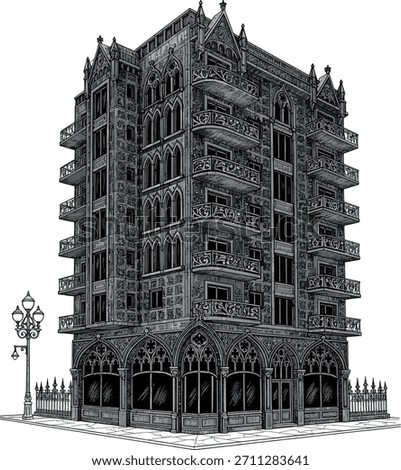 Highly Detailed Architectural Drawing: Gothic Revival Style Corner Building with Ornate Balconies