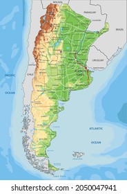 Highly detailed Argentina physical map with labeling.