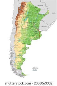 Highly detailed Argentina physical map with labeling.