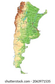 Highly detailed Argentina physical map with labeling.