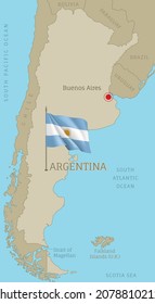 Highly detailed Argentinian map with flag and labelings. Editable map of Argentina with region borders, neighboring countries, national waving flag and Buenos Aires capital city vector illustration