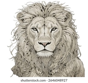 Uma ilustração artística altamente detalhada de uma cabeça de leão branco, mostrando sua majestosa juba e olhar poderoso. A imagem apresenta uma composição simétrica sobre um fundo branco, enfatizando o registro