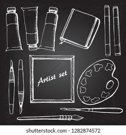 Highly detailed artists supplies icons set. Illustration handmade