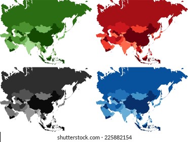 Highly Detailed Asia Political Map In Four Different Color.