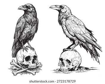 Un conjunto altamente detallado y atmosférico de dos Ilustraciones vectoriales dibujadas a mano que representan cuervos encaramados ominosamente sobre cráneos humanos. Estas obras de arte en blanco y negro se representan en un estilo clásico de grabado vintage, grabado y xilografía, que recuerda a las ilustraciones científicas del siglo XIX y el flash de tatuaje de la vieja escuela. La composición presenta un marcado contraste entre el plumaje oscuro y texturizado de las aves y las superficies lisas y agrietadas de los huesos del esqueleto. El intrincado trabajo de línea utiliza técnicas dinámicas de sombreado cruzado y punteado de tinta para crear profundidad, sombra y una textura arenosa y realista que imita los dibujos tradicionales a pluma y tinta.

Idealmente adecuado para temas góticos, de terror y de fantasía oscura, este diseño aislado es perfecto para proyectos de Halloween, portadas de álbumes de heavy metal, diseño de ropa, estampados de camisetas y mascotas de logotipos. Las imágenes evocan un fuerte simbolismo relacionado con la muerte, la mortalidad, la sabiduría y el misterio, estableciendo paralelismos con obras literarias como 'El cuervo' de Edgar Allan Poe o Huginn y Munin de la mitología nórdica. La ilustración captura la esencia misteriosa y mística de la familia de los córvidos, mostrando sus picos afilados y su intensa mirada.

La obra de arte está aislada sobre un fondo blanco limpio, lo que facilita a los diseñadores gráficos enmascarar, colorear o integrar en composiciones complejas. Ya sea para un diseño de tarjeta de tarot, un cartel inspirado en la brujería o un emblema de una pandilla de moteros, estos bocetos de estilo retro ofrecen una estética atemporal y macabra. Los Elementos visuales clave incluyen la precisión anatómica de los cráneos de las aves, la textura desgastada de los huesos y la dramática silueta de los cuervos. Este gráfico de Vector atiende a Términos de búsqueda que involucran símbolos ocultos, decoraciones espeluznantes, arte grunge y curiosidades de la era victoriana, lo que garantiza una alta visibilidad para los compradores que buscan ilustraciones de terror auténticas y hechas a mano