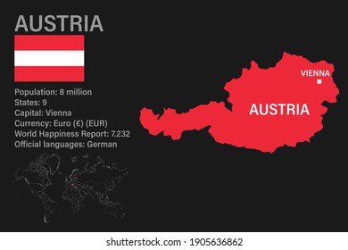 Sehr detaillierte Österreich-Karte mit Flagge, Hauptstadt und kleiner Weltkarte