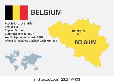 Sehr detaillierte belgische Landkarte mit Flagge, Hauptstadt und kleiner Weltkarte