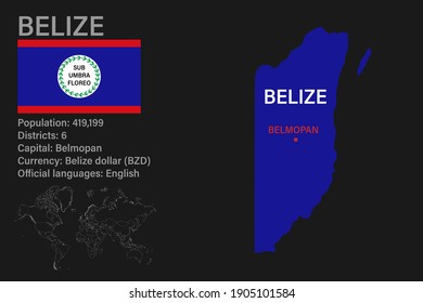 Highly detailed Belize map with flag, capital and small map of the world