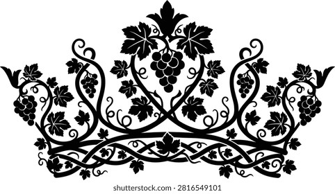 A highly detailed black silhouette of a grape vine tiara showcasing swirling tendrils and clusters of grapes. This versatile vector art is ideal for wedding invitations restaurant logos or artistic culinary branding.