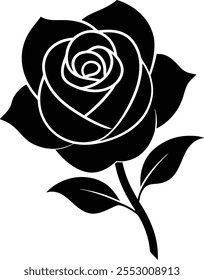 Highly detailed black silhouette illustration of a rose floral arrangement, featuring two large fully bloomed roses with intricate petal details and pointed leaves. Above them are smaller rosebuds on.