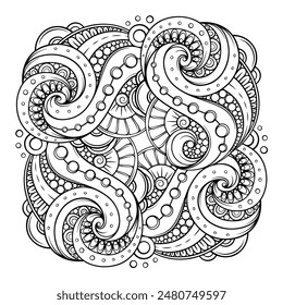 Highly detailed black and white abstract square shape mandala design, perfect for coloring enthusiasts and stress relief through artistic expression.