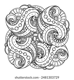 Highly detailed black and white abstract square shape mandala design, perfect for coloring enthusiasts and stress relief through artistic expression.